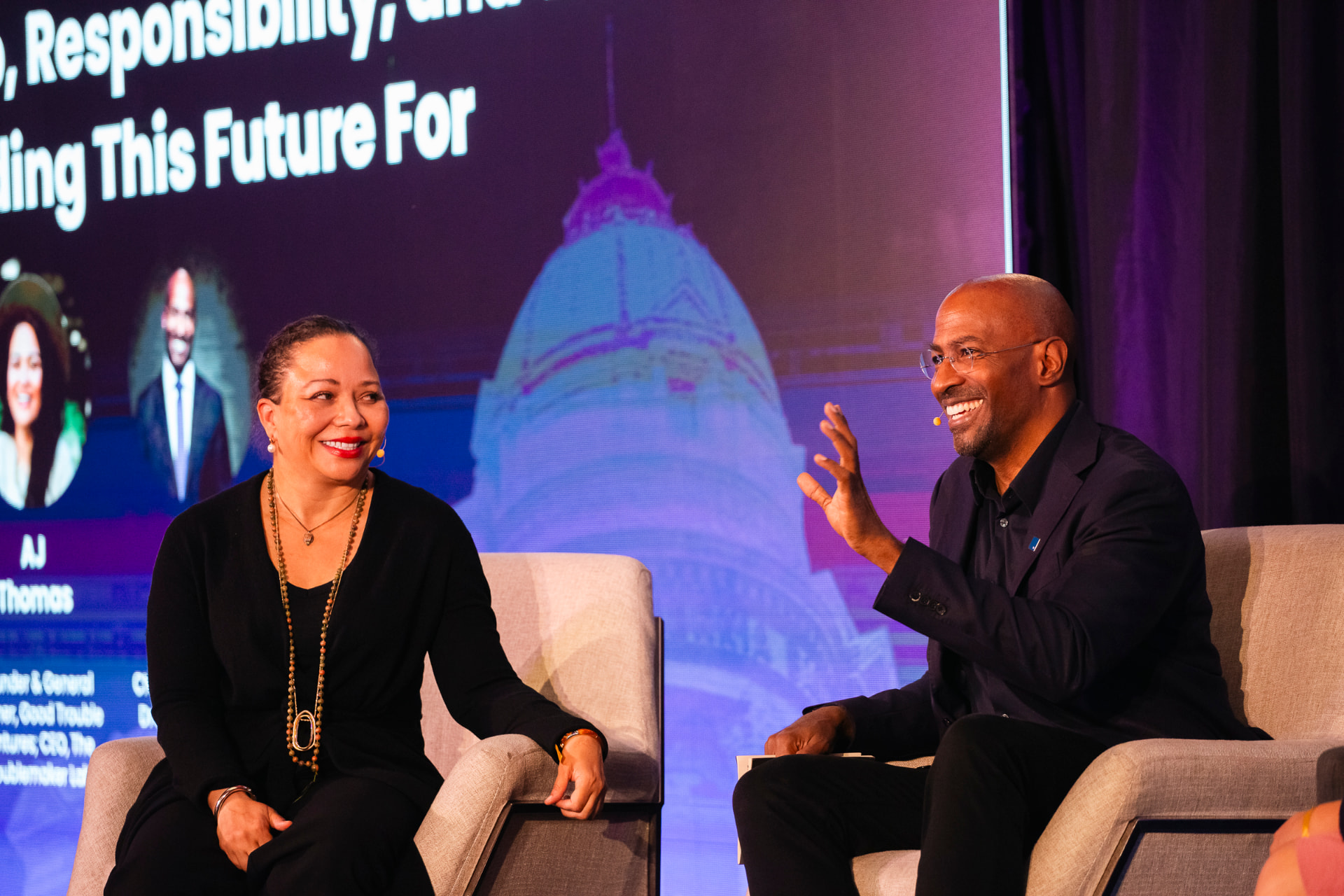 Nichol Bradford and Van Jones on stage at AGENCY: Future of Work